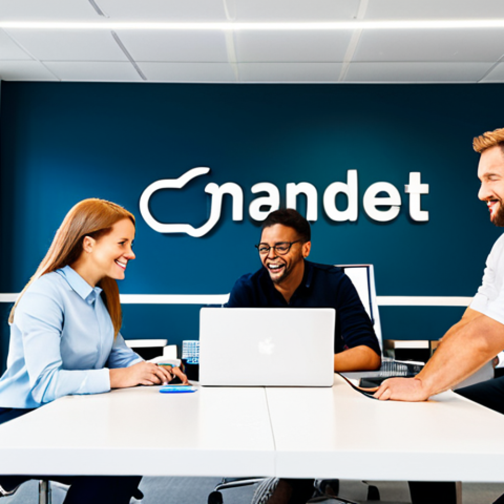 Consistent Branding in Action**

A stylish, modern office space with various branded elements visible: a logo on the wall, consistent color schemes throughout the office, and employees wearing company-branded apparel. A diverse group of professionals is collaborating at a table. The scene should convey a sense of professionalism and brand unity. Fully clothed, appropriate attire, safe for work, perfect anatomy, natural proportions, professional, modest.

**