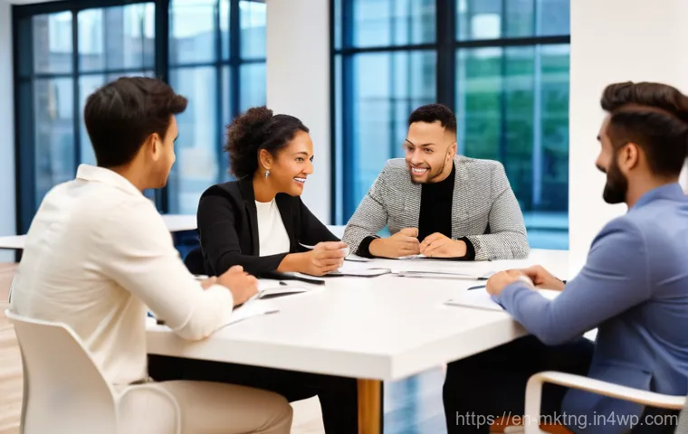 고객 피드백을 활용한 채널 개선 전략 - **Prompt 1: Collaborative Feedback Session**
A realistic photograph of a diverse group of four t...