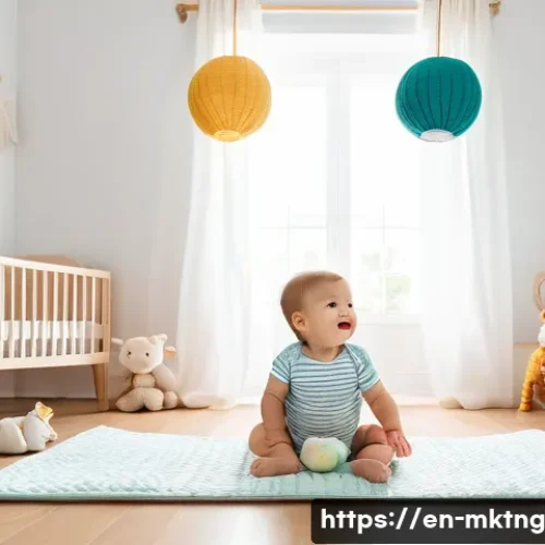페이스북 페이지 최적화로 유기적 도달 증가 - **A bright, cheerful nursery with a baby wearing a diaper, lying on a soft, colorful playmat with ha...
