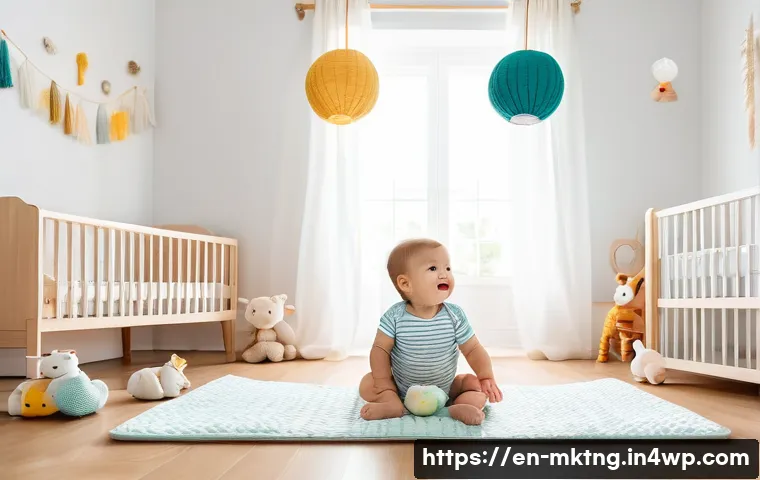 페이스북 페이지 최적화로 유기적 도달 증가 - **A bright, cheerful nursery with a baby wearing a diaper, lying on a soft, colorful playmat with ha...