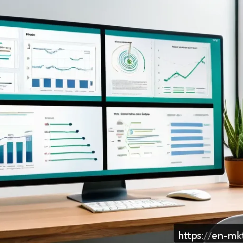 SEO와 콘텐츠 전략의 통합 관리 - A modern digital marketing workspace with a large computer screen displaying an SEO content strategy...