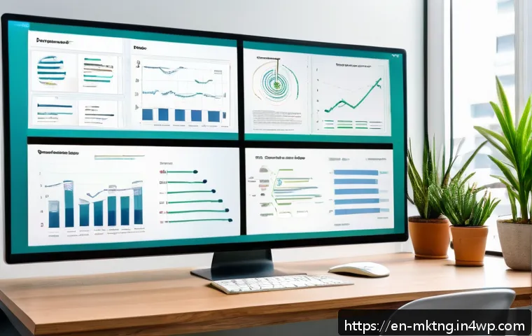 SEO와 콘텐츠 전략의 통합 관리 - A modern digital marketing workspace with a large computer screen displaying an SEO content strategy...