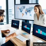 Home 20 디지털 마케팅 채널 지속 가능성 분석 - A modern digital marketing team collaborating in a bright, sleek office filled with multiple large m...