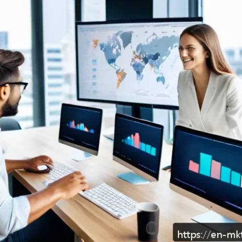 Home 32 디지털 마케팅 채널 지속 가능성 분석 - A modern digital marketing team collaborating in a bright, sleek office filled with multiple large m...