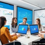 Home 19 소셜 미디어 채널의 성과 비교 분석 - A modern digital marketing team collaborating in a bright, stylish office space filled with large sc...