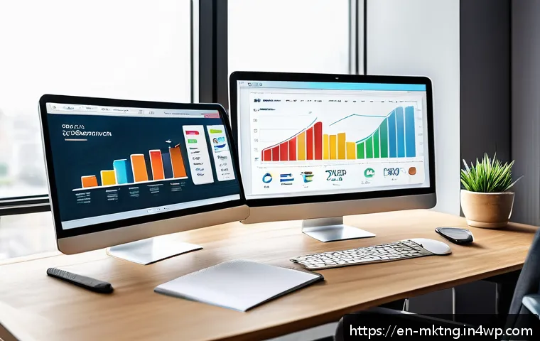 소셜 미디어 리포트 작성 방법 - A modern digital marketing office scene featuring a large computer monitor displaying colorful, deta...