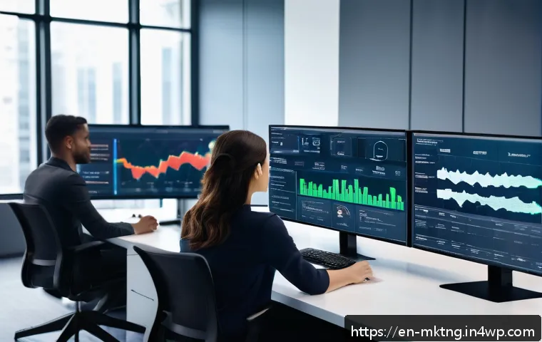 데이터 기반 마케팅 전략 수립하기 - A modern digital marketing control room with multiple large monitors displaying real-time behavioral...